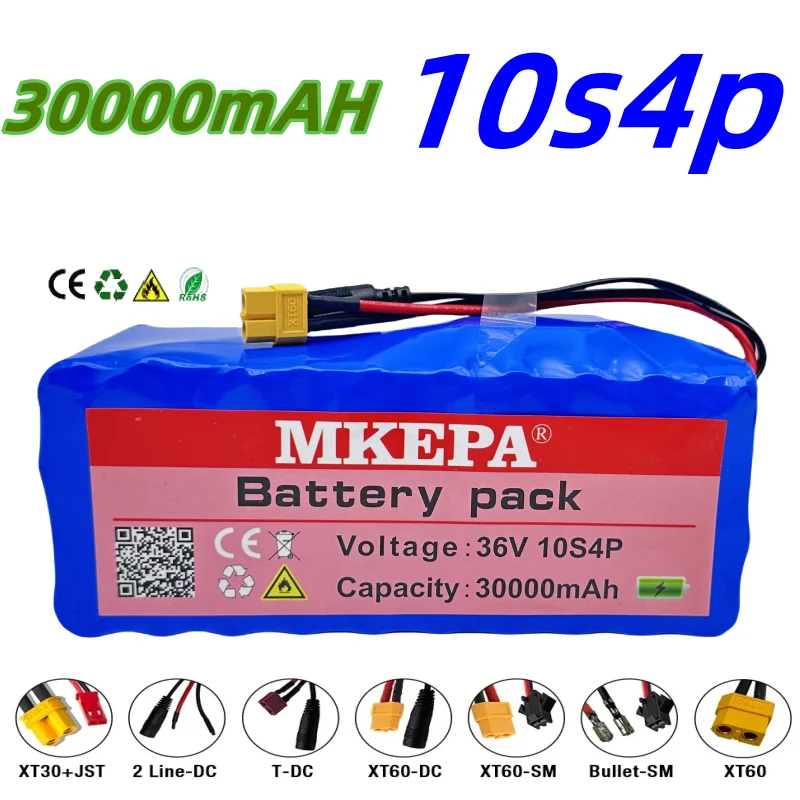 

36V 10S4P 30Ah battery pack 500W high power battery 42V 30000mAh Ebike electric bicycle BMS 42v battery plug+42Vcharger