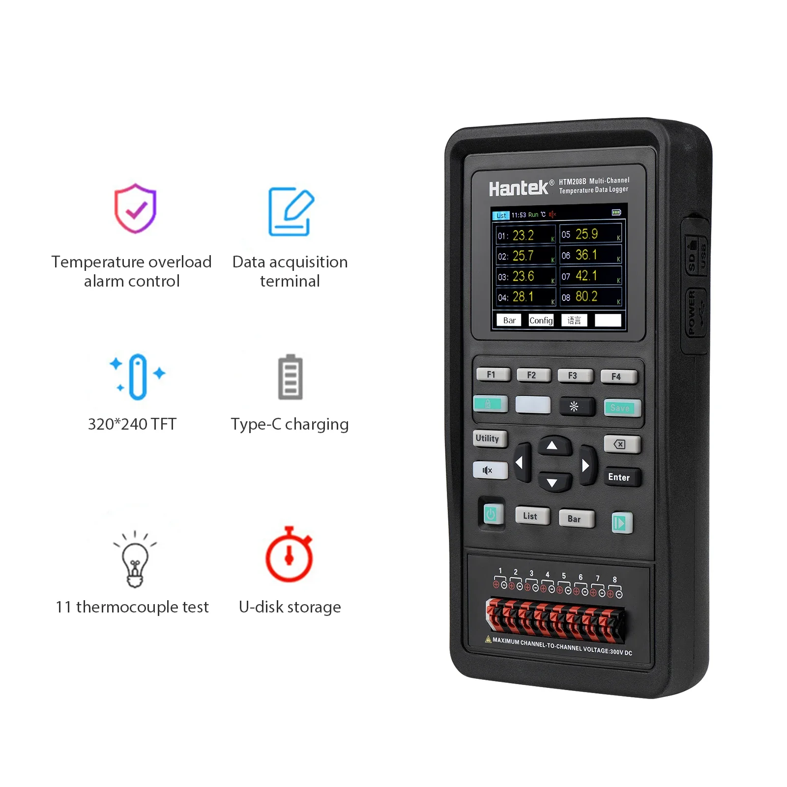 Hantek HTM208B Testador digital LCD de 2,8 polegadas Registrador de dados de temperatura de 8 canais Instrumento de gravação de temperatura recarregável