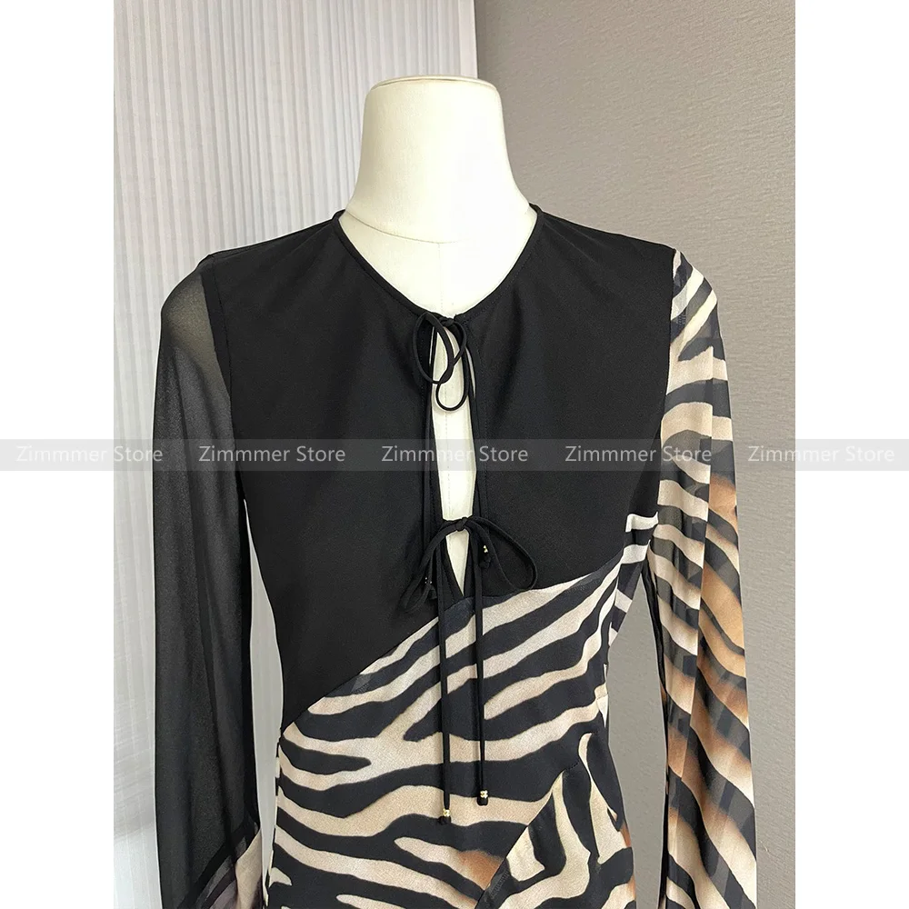 Retro sexy zebra pattern stitching cut slim fit long sleeve long dress female 2024 early autumn new