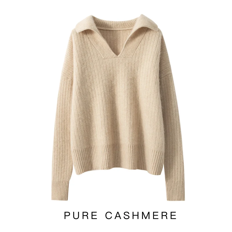 2023 Autumn Winter 100% Cashmere Sweater Turn-down Collar Knit Pullover Women\'s High Quality Soft Female Loose Large Size Jumper