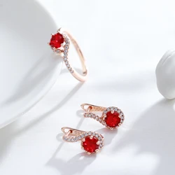 Wbmqda Luxury Elegant Round Red Natural Zircon Women's Drop Earrings Rings 585 Rose Gold Color Jewelry Set Gift For Wife