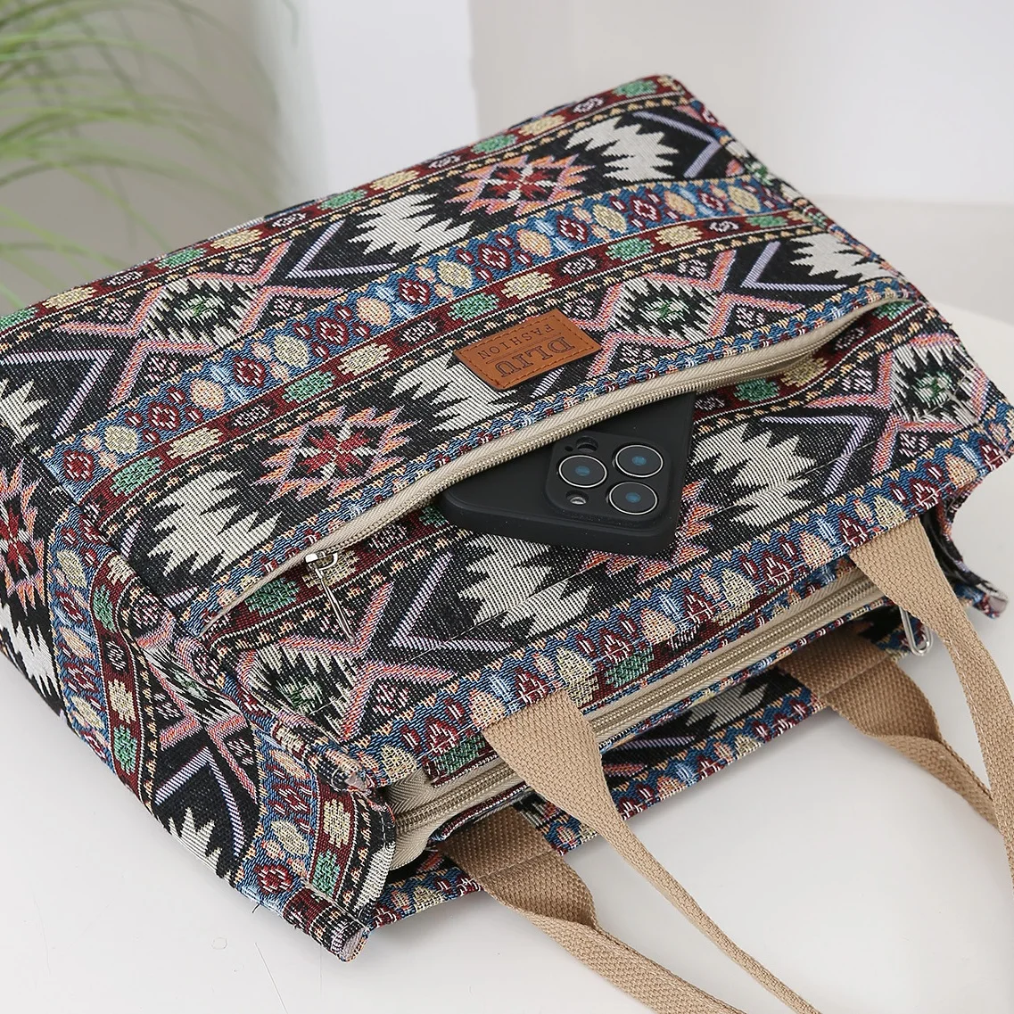 Thick Knitted Jacquard Fabric Tote Bag for Women, Portable Shopping Bag with Ethnic Style Pattern, Ideal for Work and Travel view 2