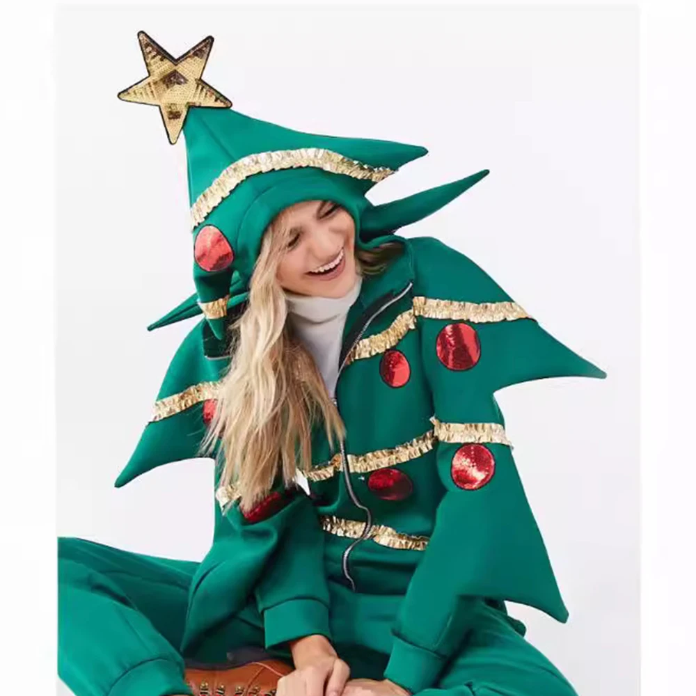 Christmas Hoodie Party Cosplay Costumes Men and Women Dark Green Zipper Hoodies Christmas Tree Stage Play Costume Clothing