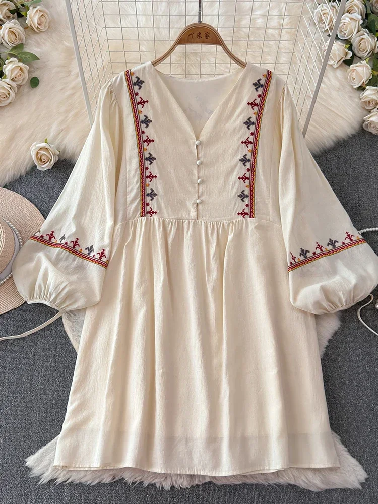 European American Style Women's New Cotton Linen 2024 Fashionable Lace Up Waist Slimming Patchwork Embroidered Short Dress A132