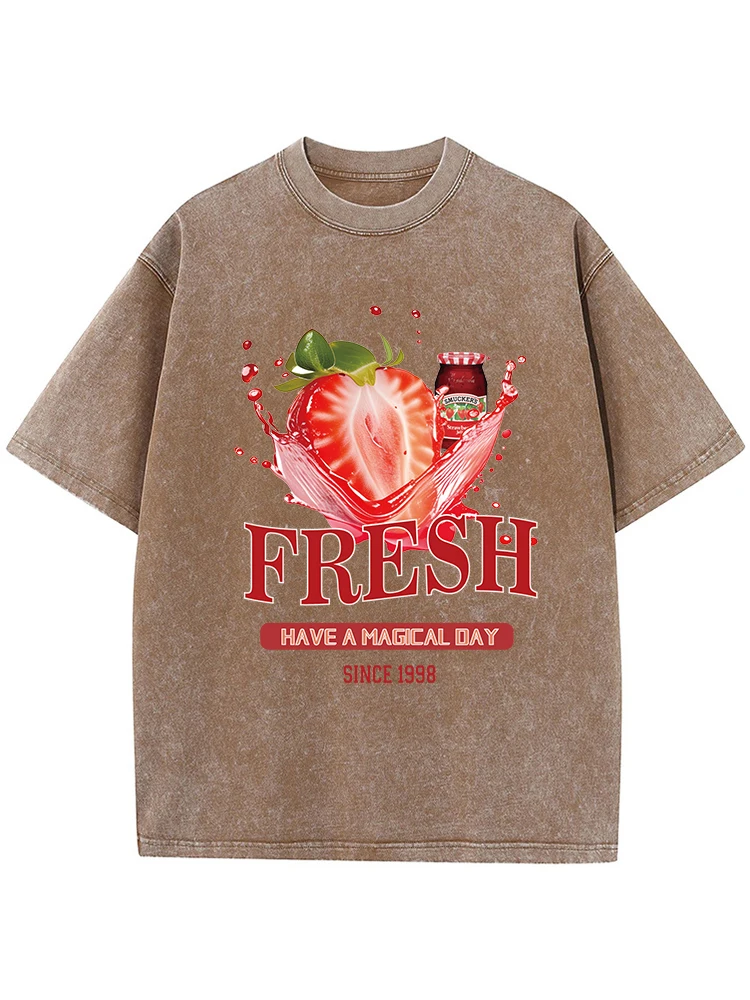 Strawberry Flavored Beverage Pattern Printing Men Washed Tshirt Breathable Tee Tops Fashion T-Shirt Distressed O-Neck Clothes