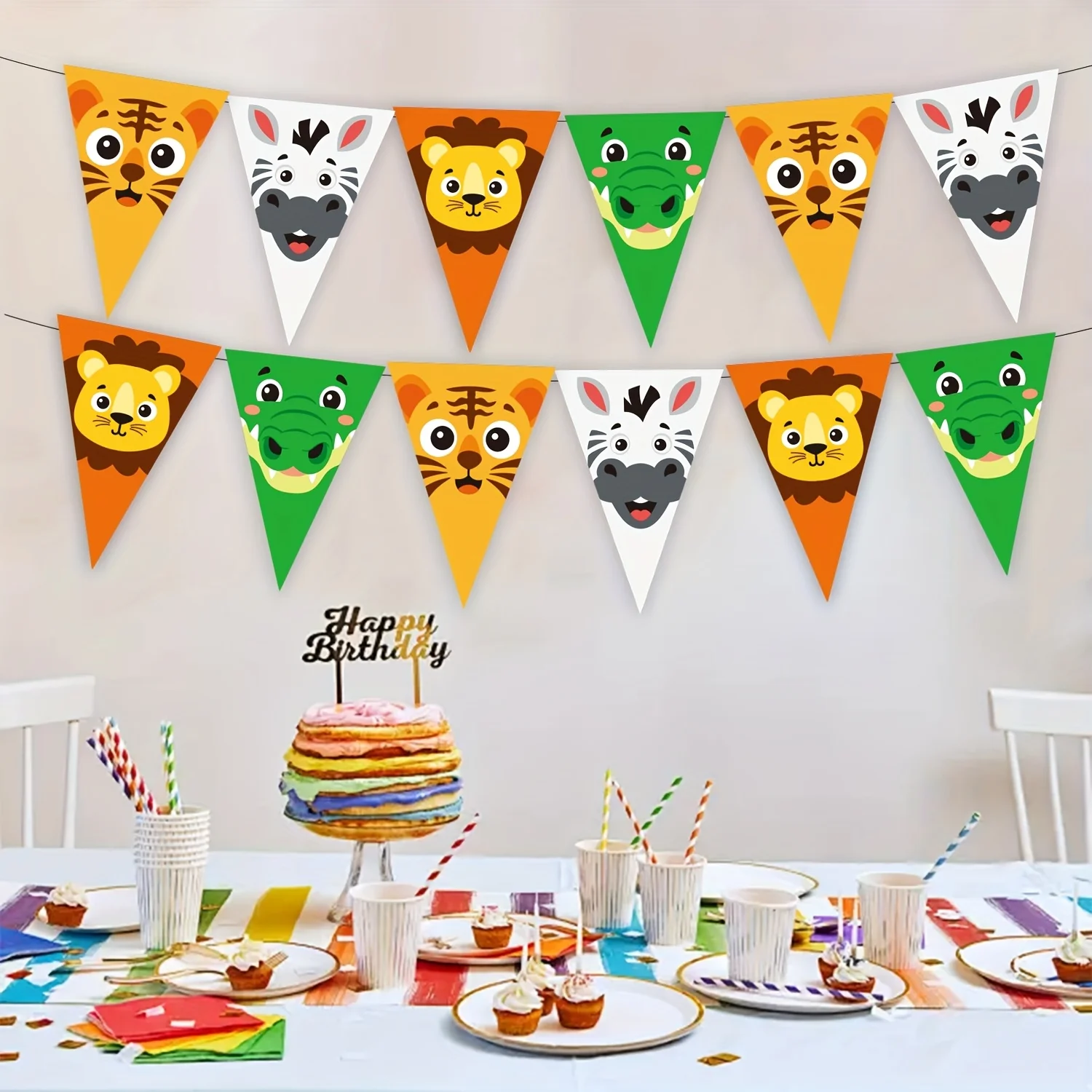 

12Pcs Jungle Animal Triangle Bunting, Perfect for Birthdays & Parties, Easy to Hang, Safari Party Decorations