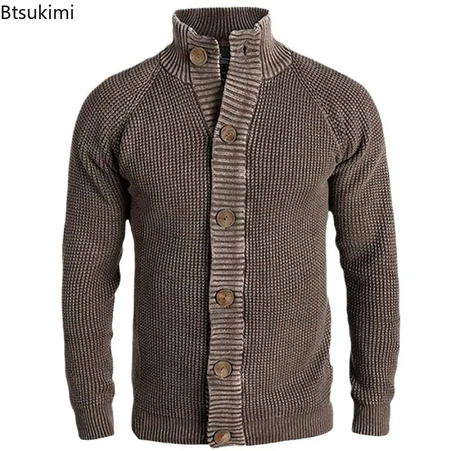 Cardigã masculino casual de malha com botões, suéteres de malha monocromáticos, gola simulada, suéter fino, moda vintage, outono, inverno, novo