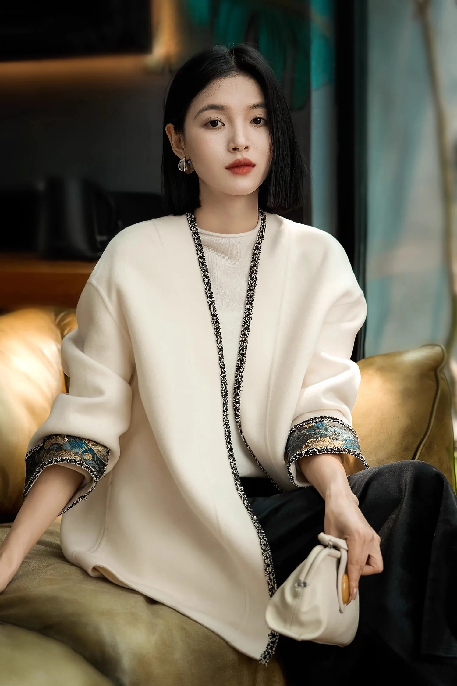 

BirdTree 92% Sheep Wool 8% Mulberry Silk Coat,100 Thread Count Merino Wool Tops,Double-Faced Woolen Goods Knit Overcoat T58027JF