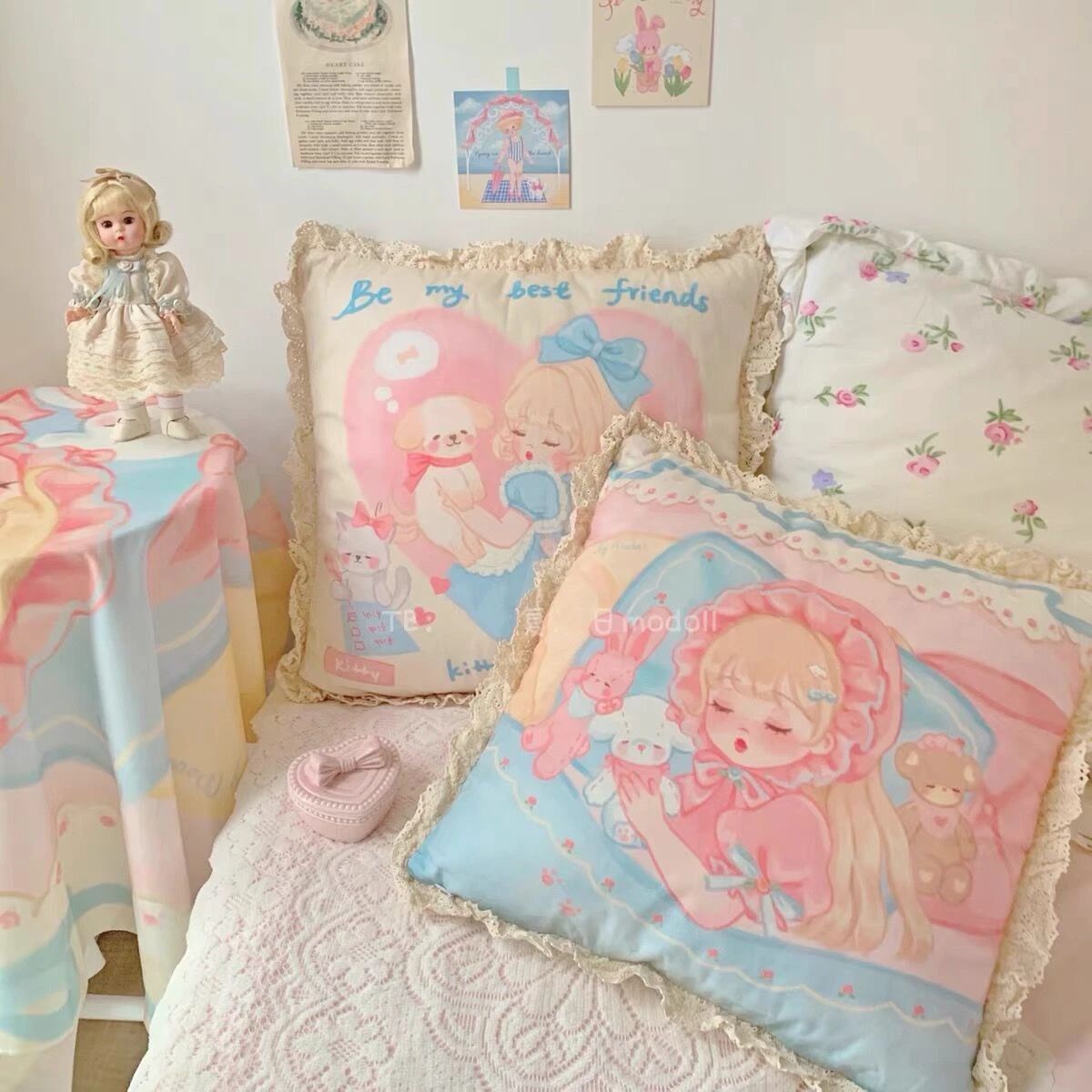 Super Soft Lace Cushion Cover, Cute Cartoon Girl Print Pillow Covers, Soft Pillows Cases, Home Decor, 40x40cm