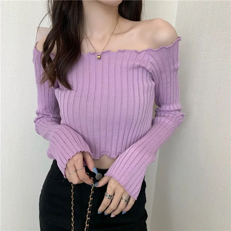 Women Summer Purple Knitted T-shirts Off Shoulder Crop Tees Women Stripes T-shirts Ruffles Hem Tees For Women Tops