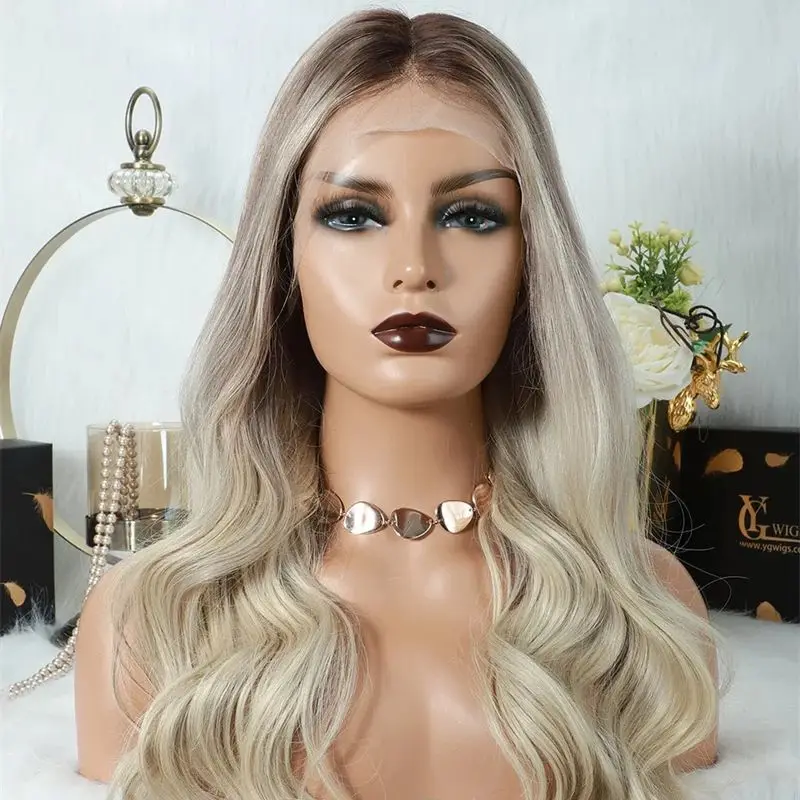 Ombre Balayage Ash Blonde Highlights Synthetic Lace Front Wigs with Dark Roots Elastic Full Wigs Easy Maintenance Soft Long Wave