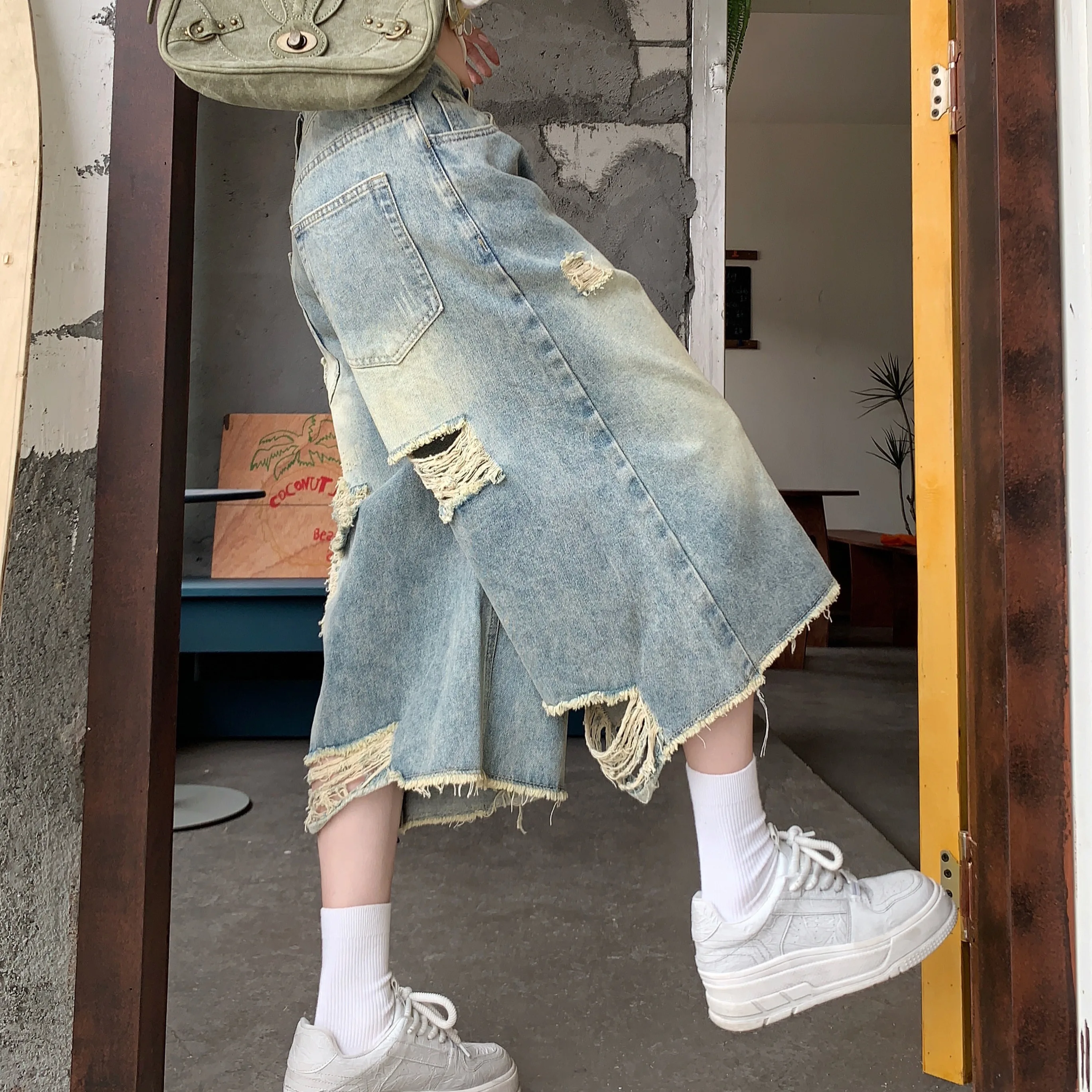American Style High Waist Wide Leg Jeans Women's Summer Large Size Straight Tube Poplar Pants Trendy Ripped Hem Denim Skinnies
