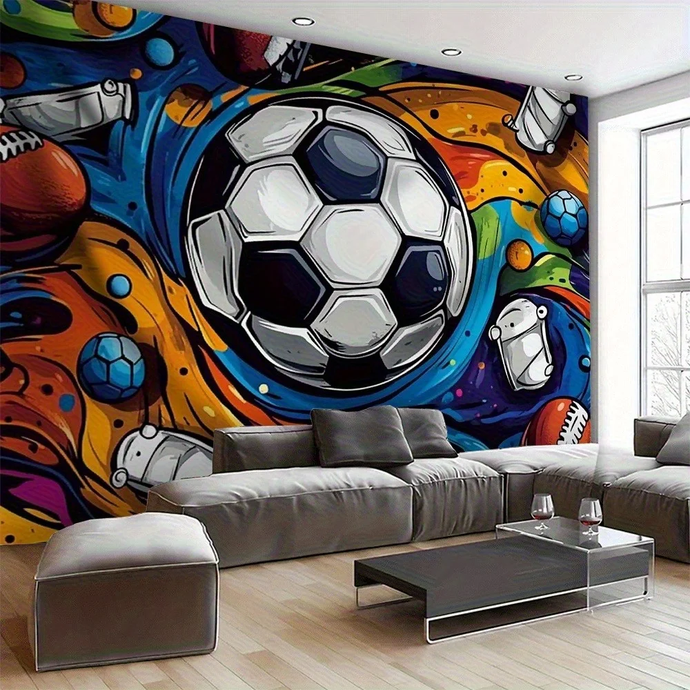 Soccer Graffiti Tapestry - Colorful Sports Ball Wall Art, Street Style Football Decor, Abstract Game Hanging, Polyester,