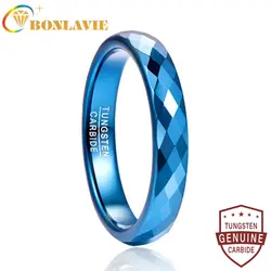 BONLAVIE New 4mm Tungsten Carbide Ring Blue Polished Finish Rhombic Cut Wedding Ring Comfort Fit Rings Jewelry