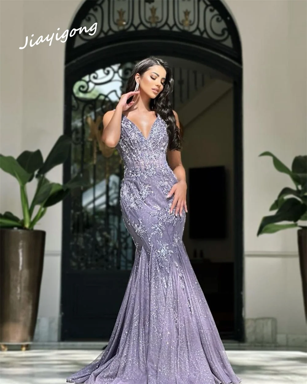 Customized Jiayigong Sparkle Spaghetti Mermaid Floor Length es Applique Tulle Customized