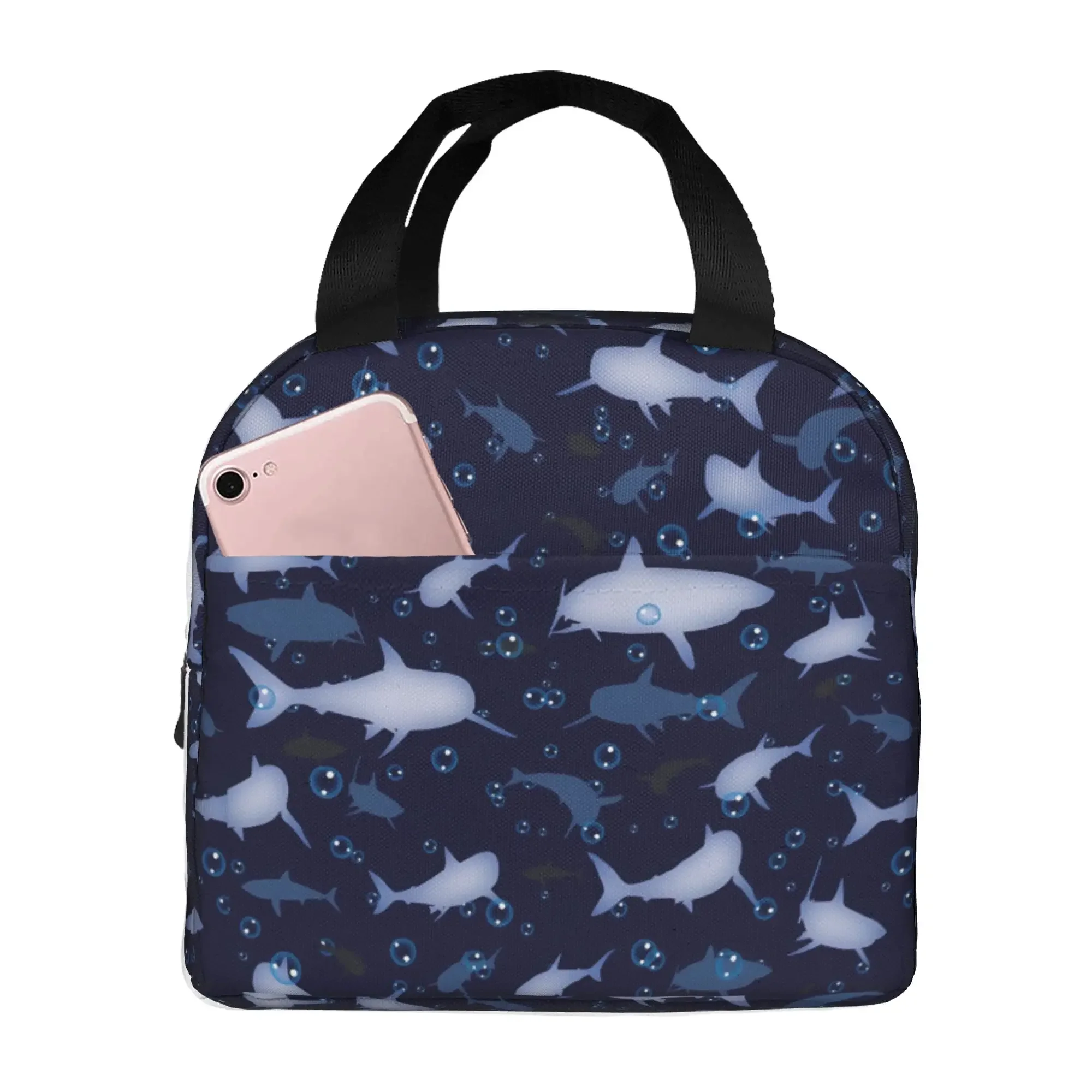 Blue Watercolour Shark Thermal Insulated Lunch Bag Monochrome Ocean Animal Portable Lunch Container Outdoor Storage Food Box