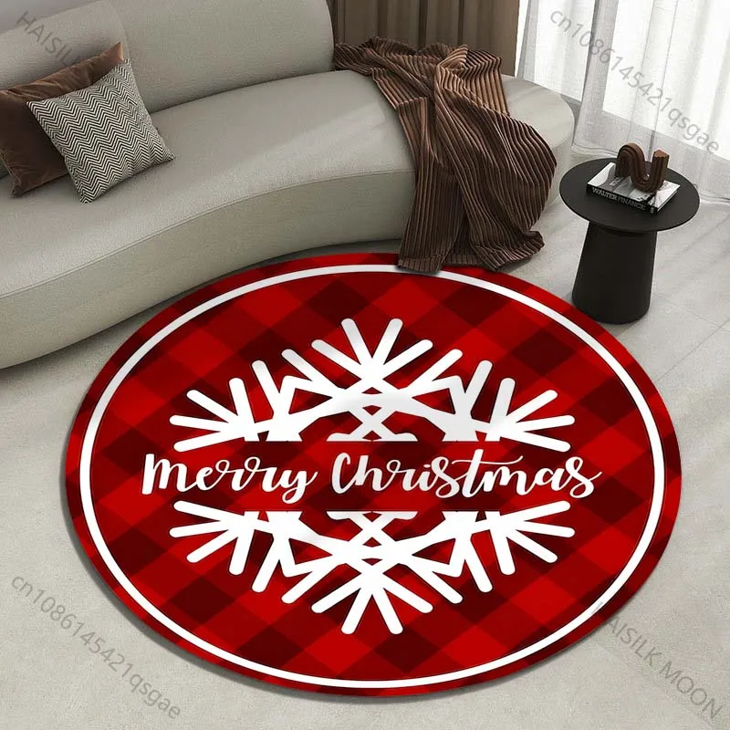 Merry Christmas red plaid snowflake design Printed round carpet living room sofa table large pet mat soft mat home decor