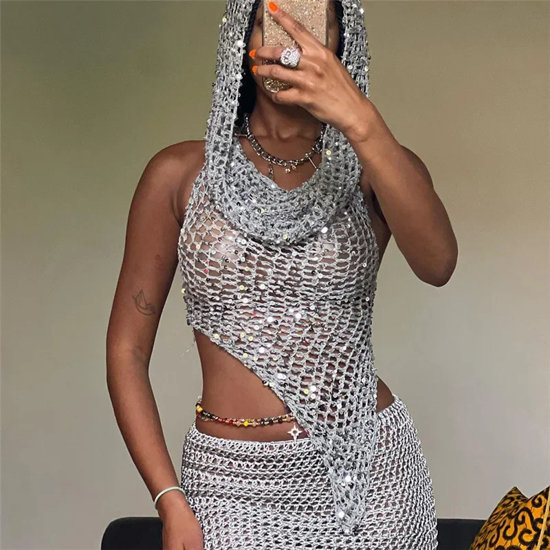 Sommer Sexy Hohl Stricken Häkeln 2 Stück Set Frauen Pailletten Mit Kapuze Backless Tank Tops + Shorts Hipster 2 Stück rock Set