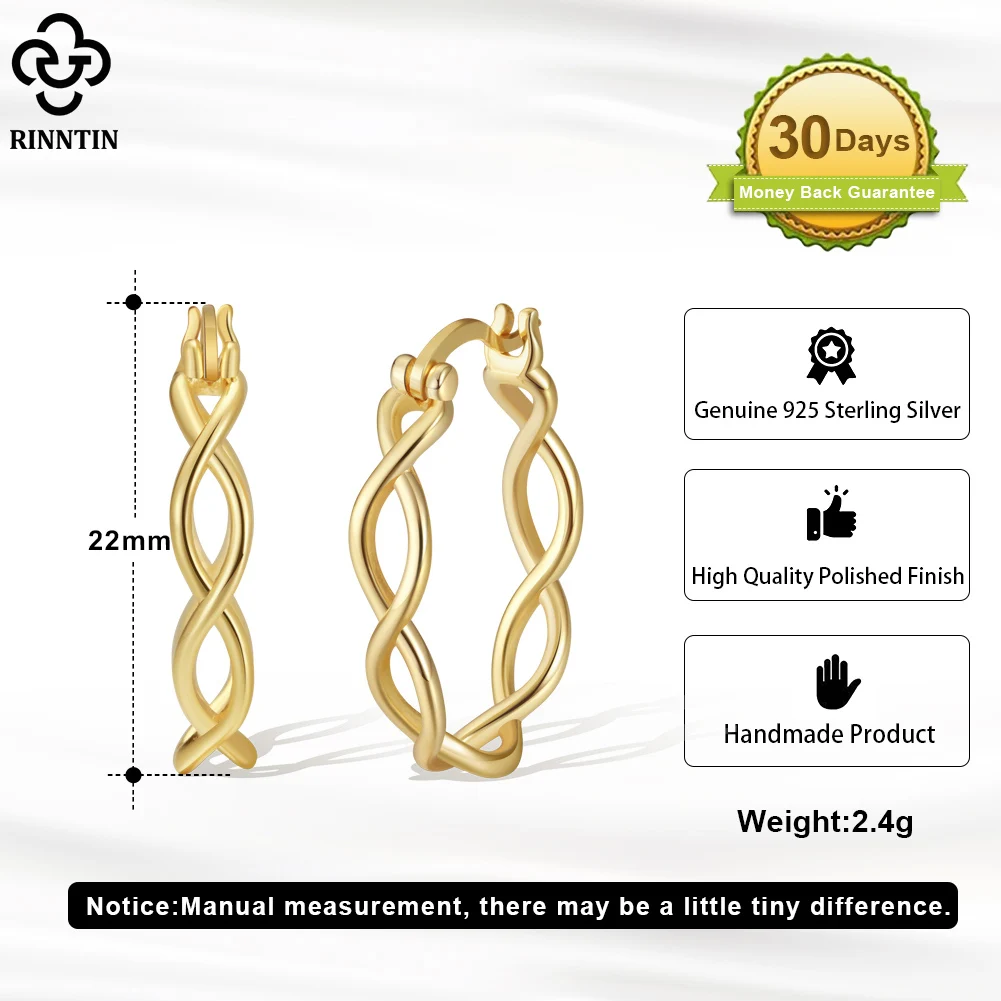 Rinntin بساطتها نمط حقيقي 925 الاسترليني أقراط الحلقة الفضية المرأة الجديدة مجوهرات الأزياء الجوف هوب أقراط هدية SE363