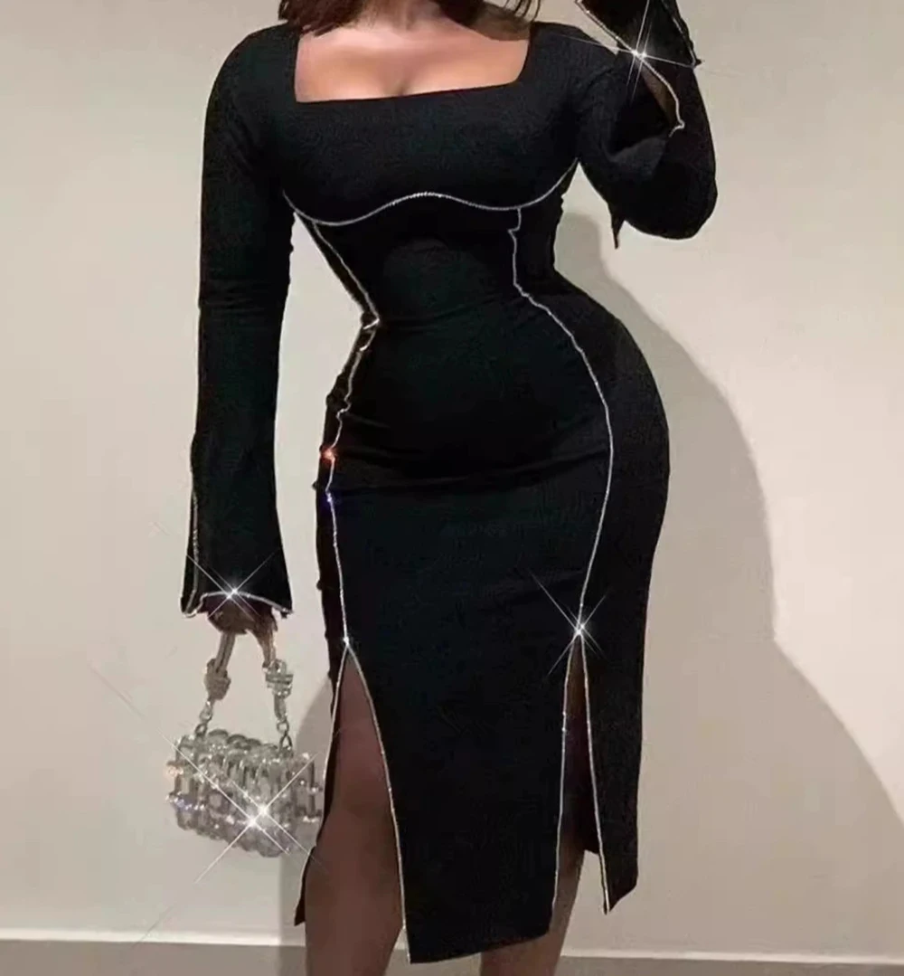 

2025 new sexy European and American women's long-sleeved slit diamond chain swing sleeve slim dress bandage dress-GZXX1069