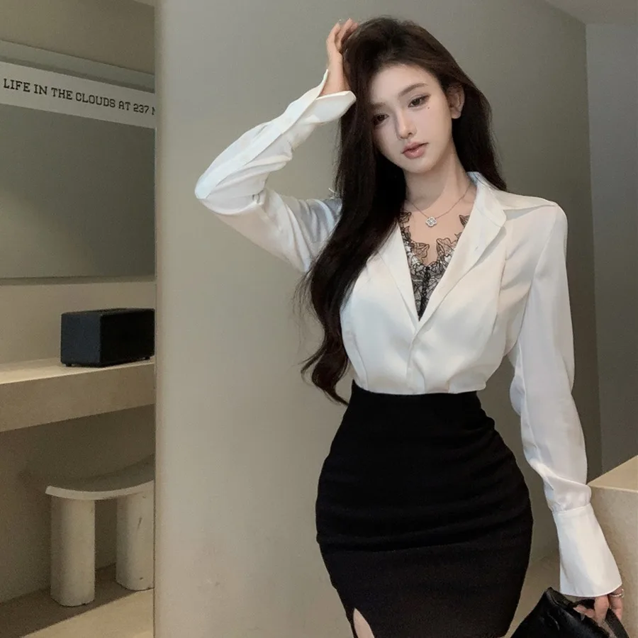 Retro Sexy Lace Splice V-Ne Long Sve Satin irt High Waist Bodycon  Skirt Women's Faion Set Winter Commute Sle