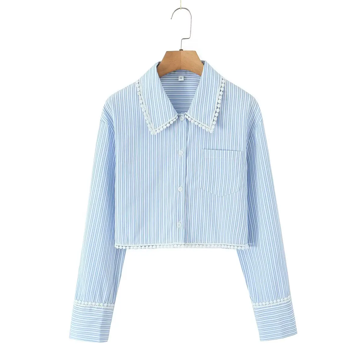 

TRAF & Women 2025 Spring New Fashion Short Striped Patchwork Lace Shirt Chic Lasher Button Casual Top Blouses Mujer