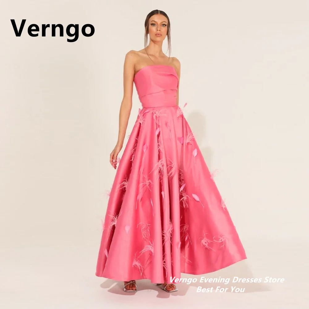 Verngo Pink Feather Long Party Dresses Strapless  A Line Evening  Gowns For Women Elegant Prom Gowns Ankle Length  Formal Dress