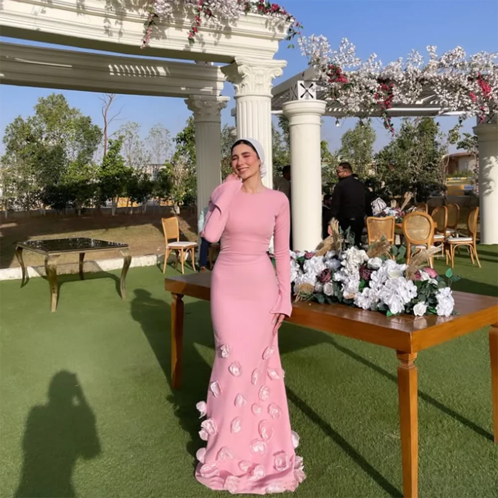 Vestidos de fiesta de corte en A, color rosa personalizado, largo hasta el suelo, cuello redondo, manga larga, vestido de noche sencillo, vestido de fiesta drapeado con flores a la moda