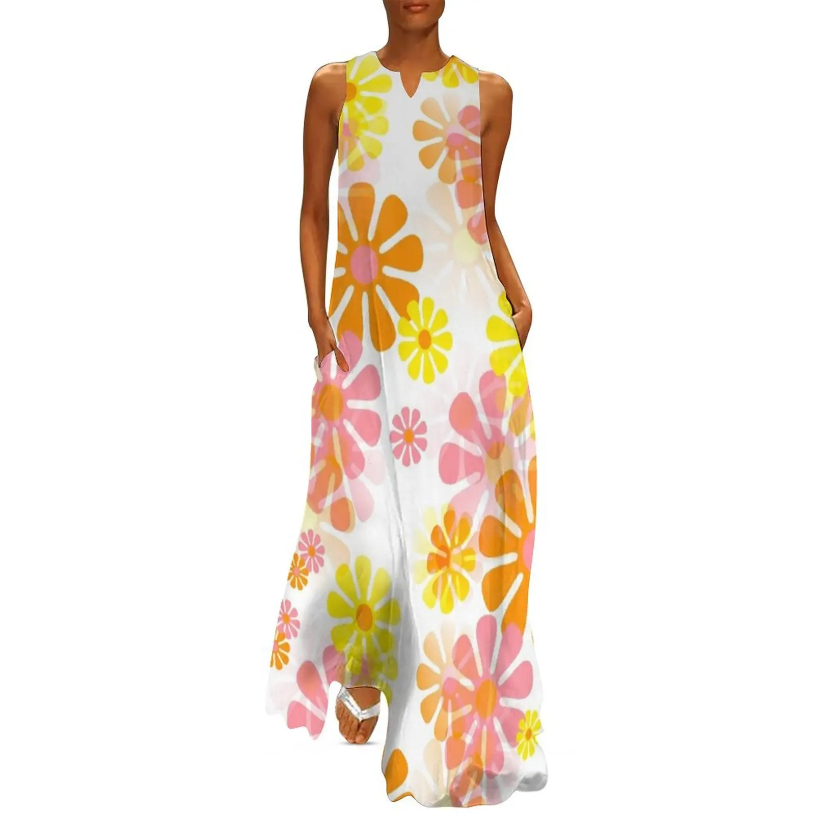 60's Retro Groovy Mod Flowers In Pink, Orange and Yellow Long Dress Woman's evening dress Women's long dress