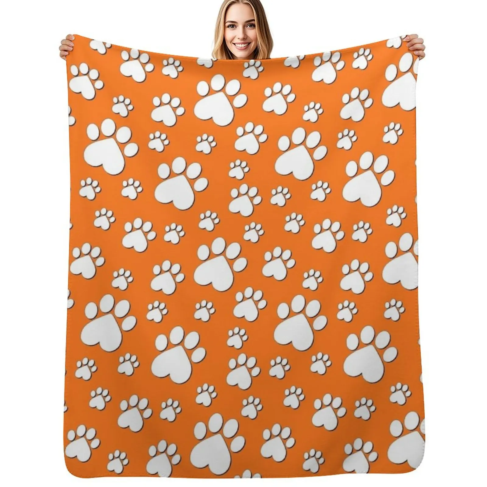 

Halloween White on Orange Paw Pattern - Heart Paws with Outline Throw Blanket Comforter Soft Plaid Winter beds Blankets