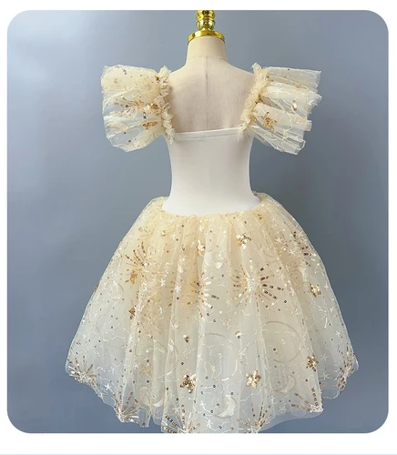 Imagen 2 del producto Vestido romántico de tutú de Ballet para niños, falda de baile para niña, falda de Ballet con lentejuelas doradas, ropa de actuación de Ballet, vestido largo de princesa