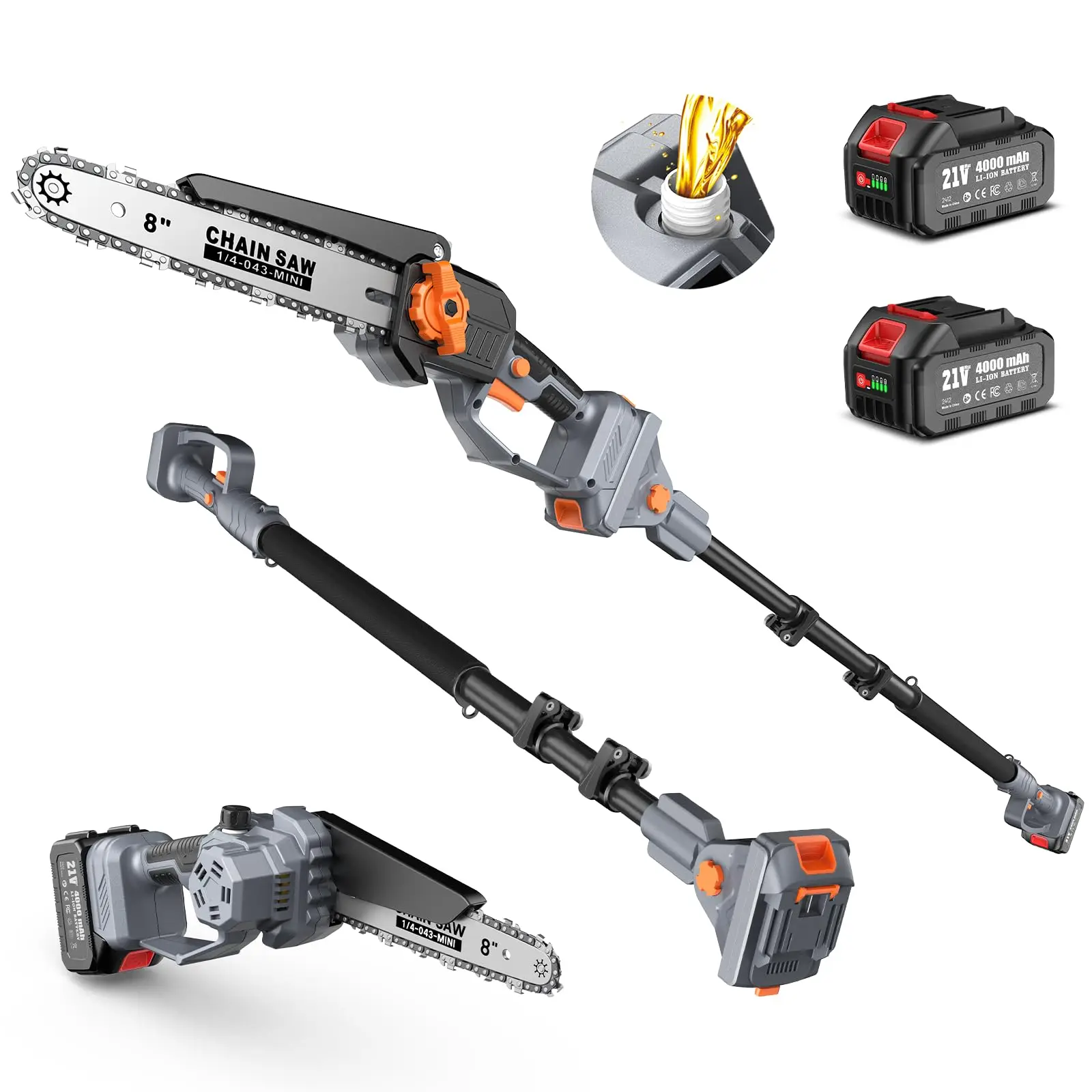 Taskstar 2-in-1 Cordless Pole Saw 8 Inch Brushless Chainsaw Max. 15 Ft Telescopic Pole 21V Electric High Branch Saw for Tree Pruning, with 2 4000mAh Batteries