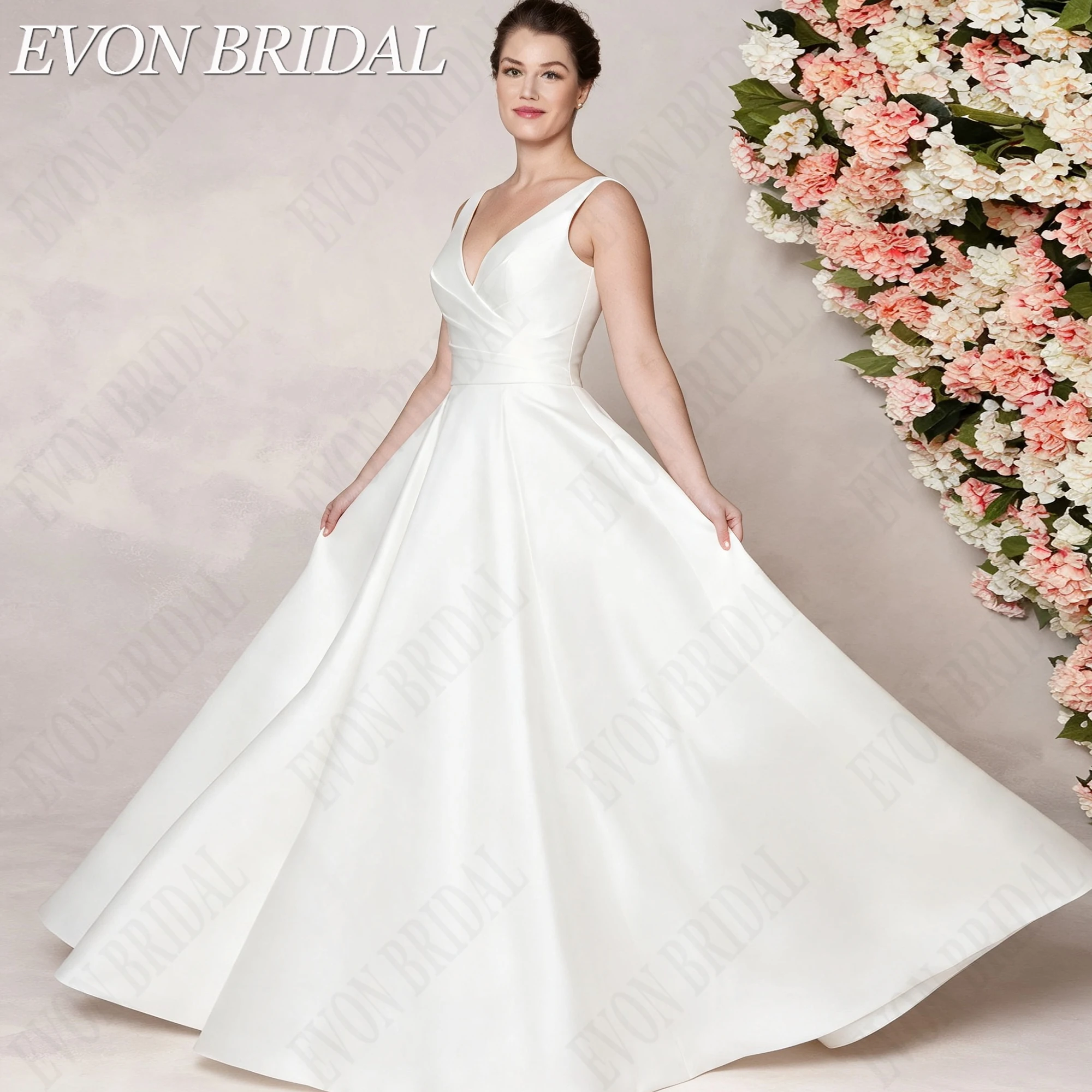 EVON BRIDAL V-Neck Spaghetti Strap Bride Dress Plus Size A-line Satin Bride Gown Cross-pleats Ruched Wedding Dresses Customized