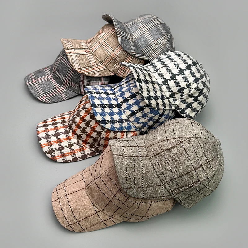 Versatile Stripe Check Baseball Caps Autumn and Winter New Fashion Men Women Cotton British Style Warm Sunshade Houndstooth Soft