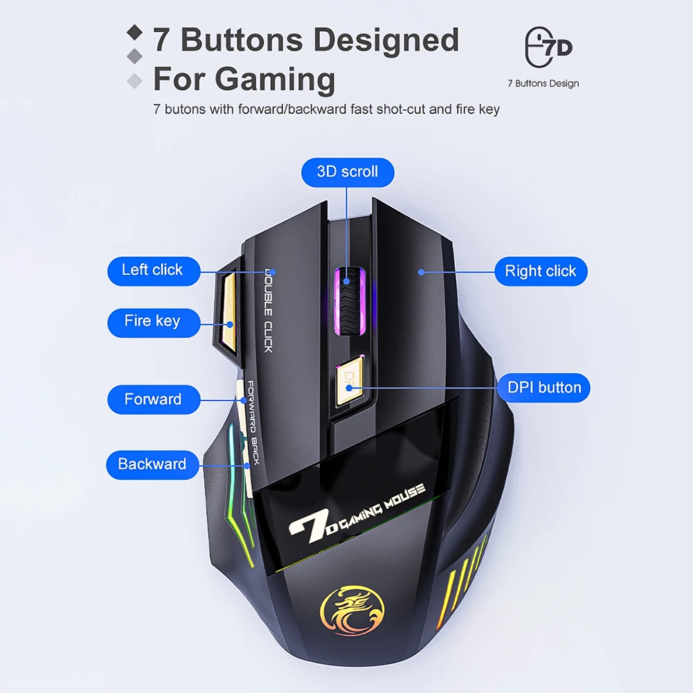 Rechargeable Wireless Mouse Gamer Adjustable DPI USB Gaming Mouse for Computer Ergonomic RGB Backlight PC Mice