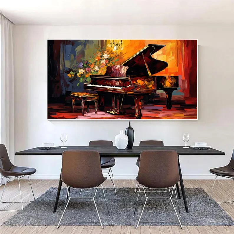 

100% ручная роспись маслом: Картина «Рояль» с яркой палитрой цветов, выполненная кистью, для декора музыкальной комнаты. Настенное искусство на холсте.
