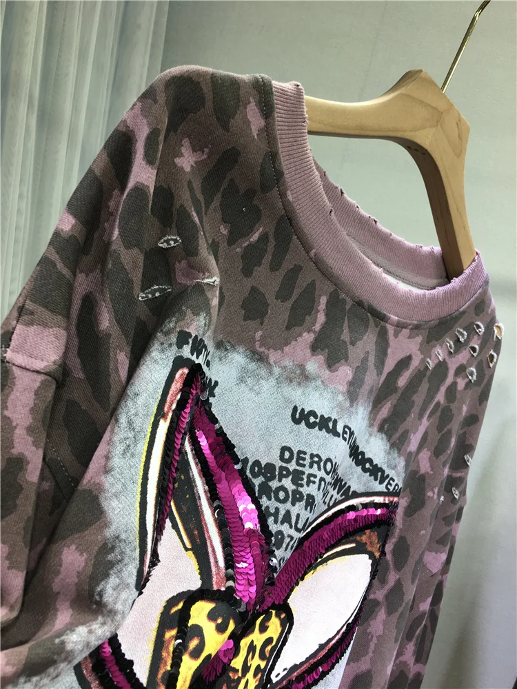 2024 New Autumn Winter Women Casual Sweatshirt Embroidery Sequins Bunny Leopard O-neck Pullover Top Mid-long Loose Hoodies