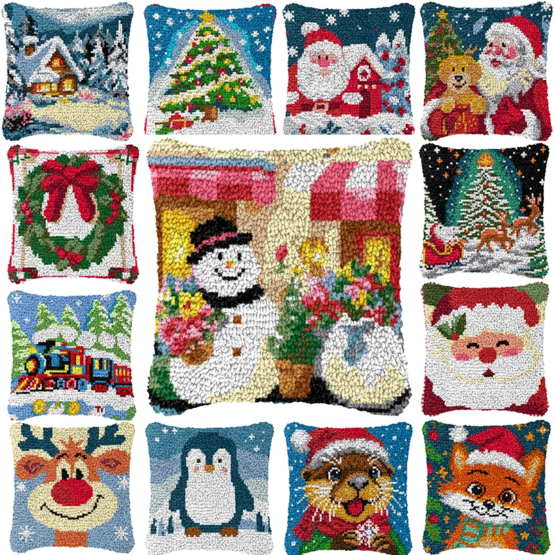 Christmas Tree Snowman Latch Hook Kit Mats Cushion Pillow DIY Needlework Button Package Cushion Embroidery Latch Hook Carpet