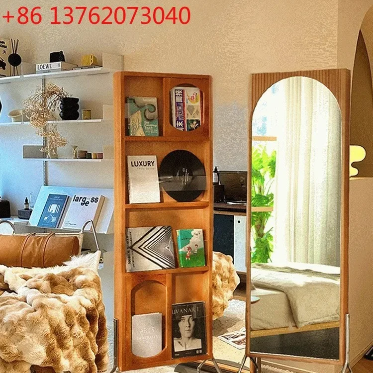 Medieval solid wood partition full-body mirror magazine rack can be moved, rotated and landed in one piece