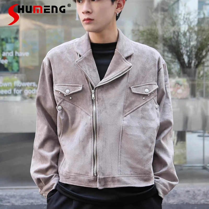 

2026 Men's Spring New Faux Leather Jackets Male Rivet Decoration Fashion Versatile Jackets Tops Long Sleeve Simple Leather Coats