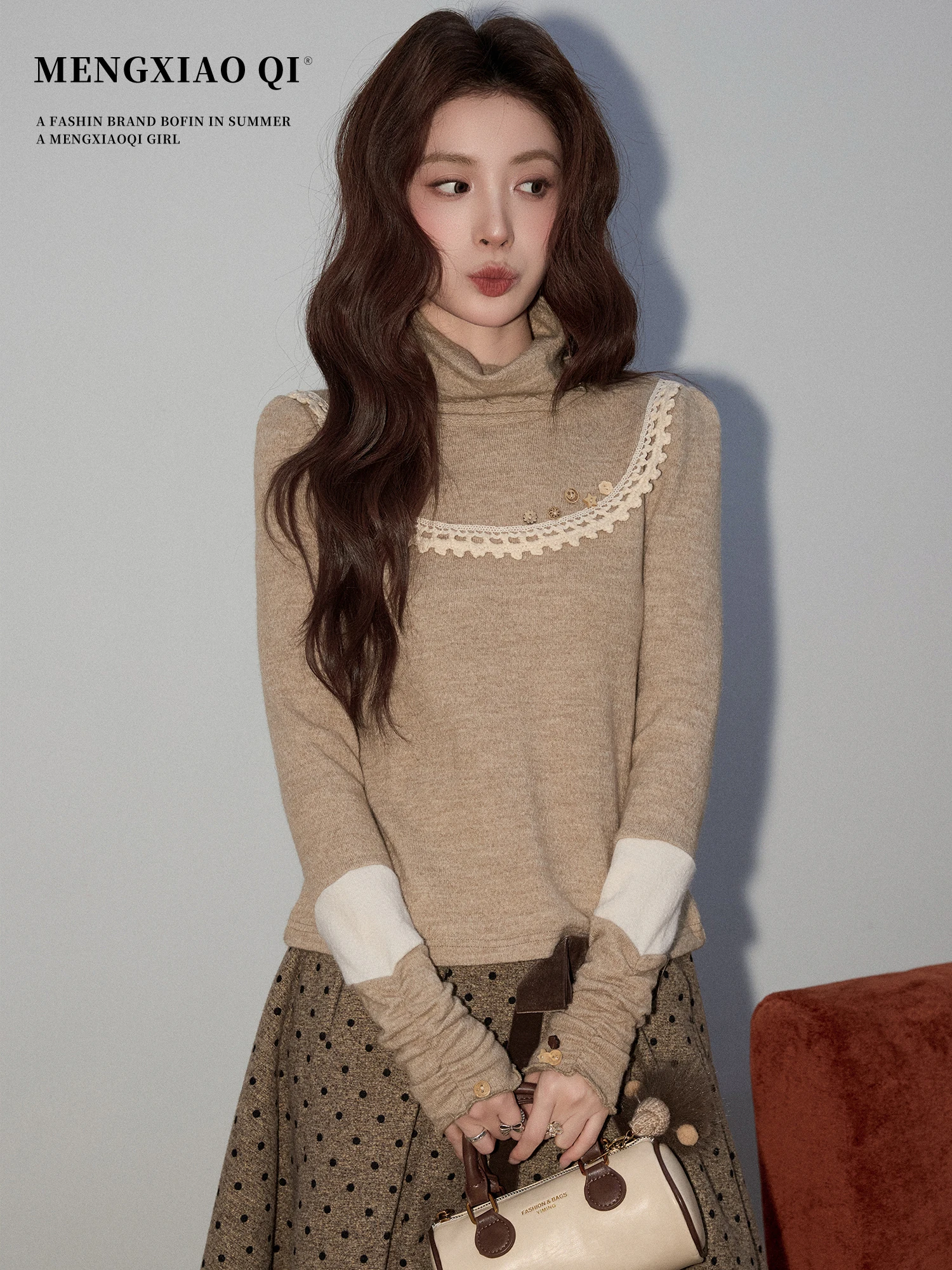 

Женская футболка Meng Xiaoqi в стиле ретро с высоким воротником и длинными рукавами, теплая, приталенная, базовый слой, весна