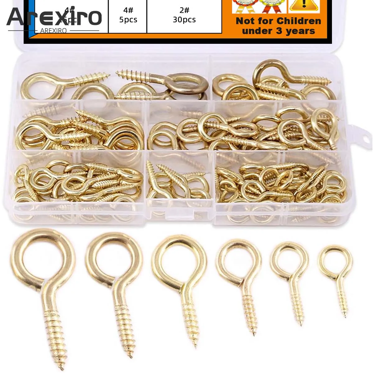 

100Pcs 6-Size Brass Plated Delayed Eye Bolt Screw in Eye Shaped Screw Hook Combination Set