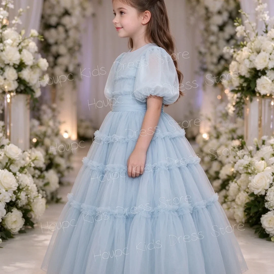 Princess Girl Ice Blue Sheer Flower Girl Dress Puffy Sleeves Layered Cake Dress High-Waist Full-Length Gown Formal Pageant Dr