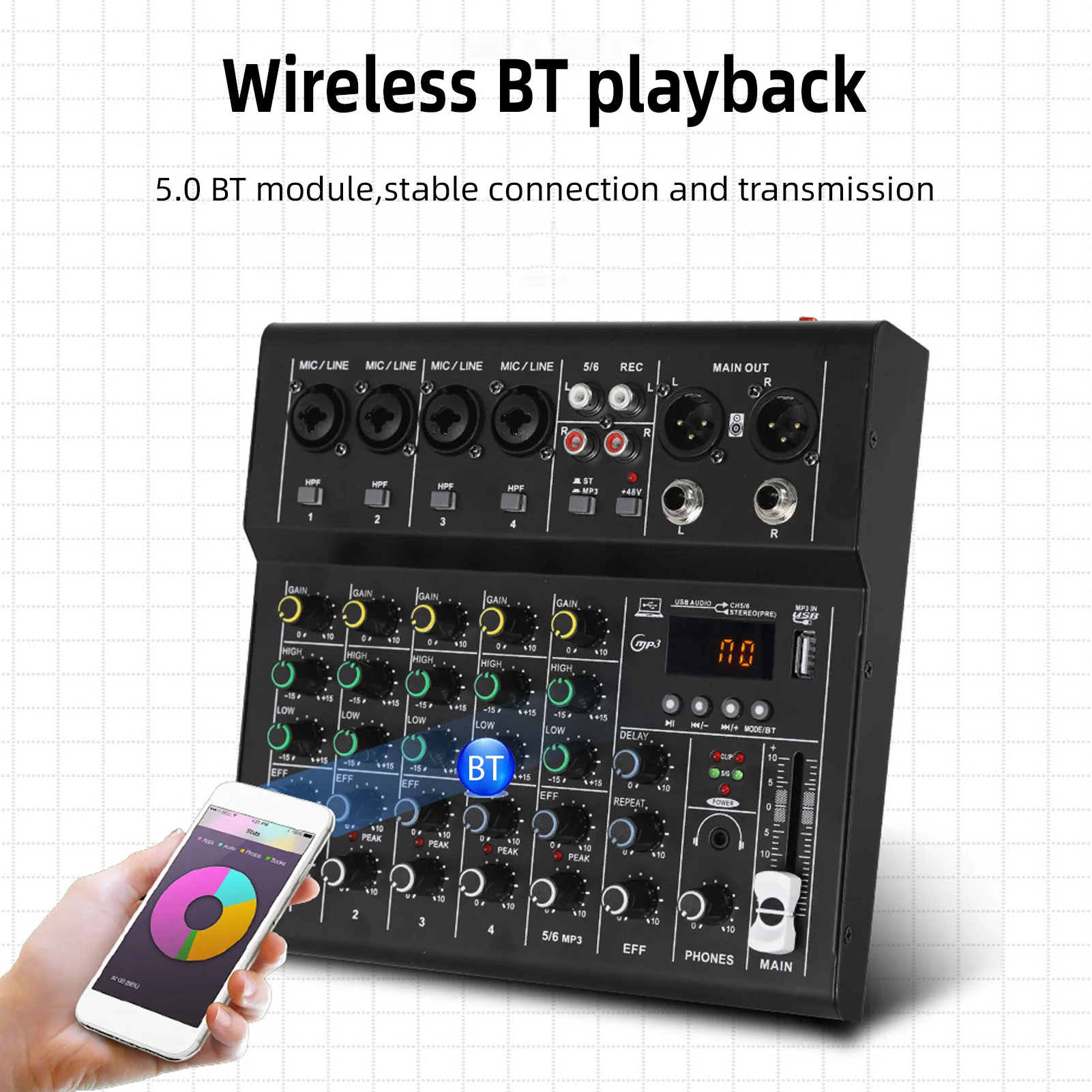 6 Channel Mini Sound Mixer DJ Controller with BT MP3 Player 48V Phantom Power Built-in Guitar Amp Portable Mixer Console