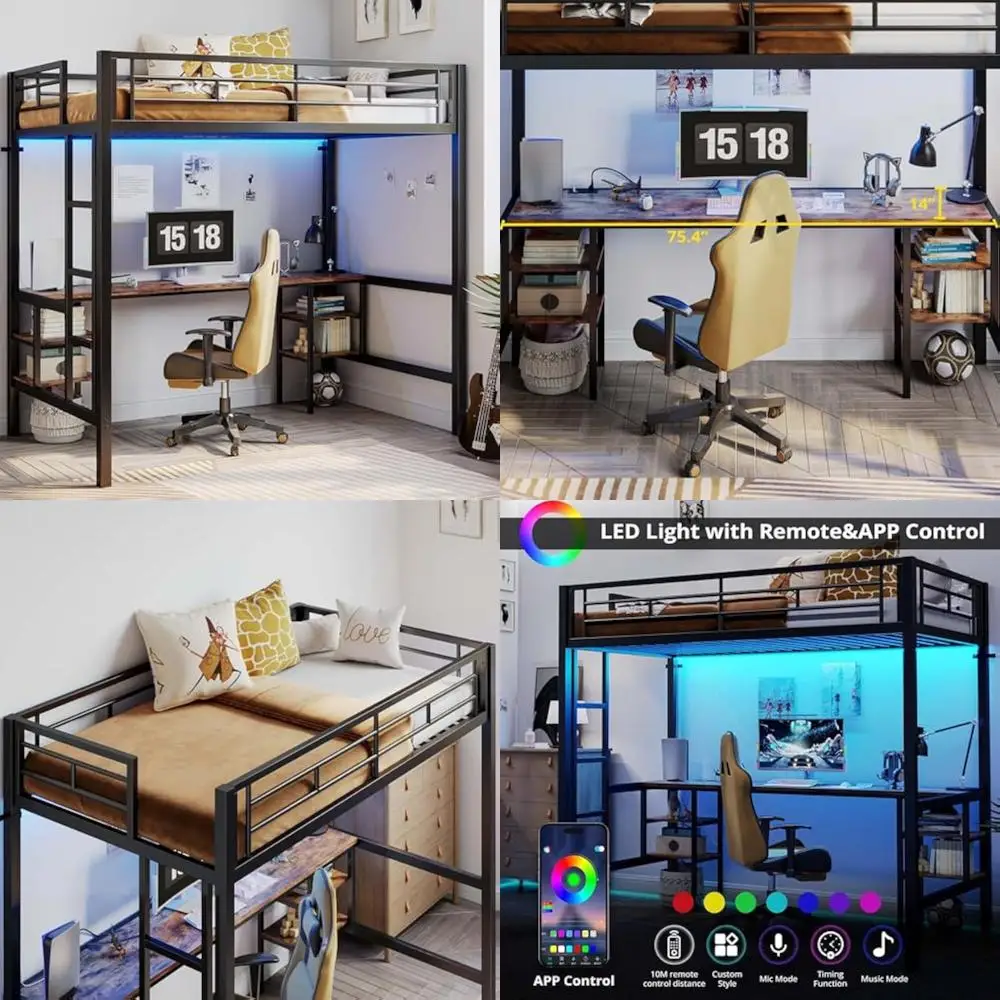 سرير علوي معدني مزدوج الحجم مع مكتب، 4 أرفف تخزين، مخرج طاقة، أضواء LED، وسكة أمان