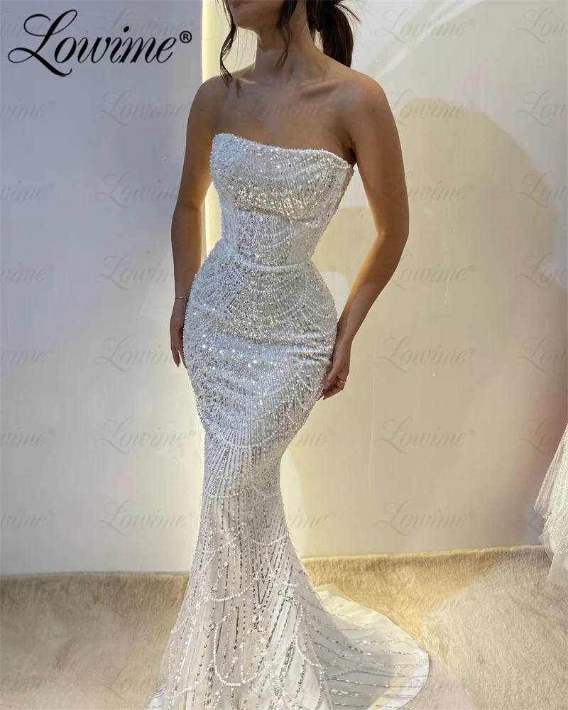 Gorgeous White Pearl Party Dresses Formal Occasion Strapless Evening Dress 2023 Arabic Mermaid Tassel Beads Long Prom Gowns Robe