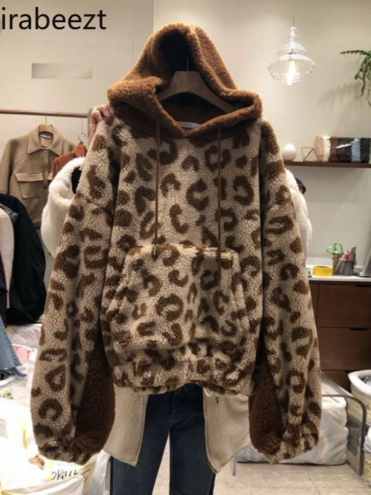 2024 Autumn and Winter New Women's Thicker and Fleece Coat Leopard Print Korean Version of LOOSE FIT Hoodies Women