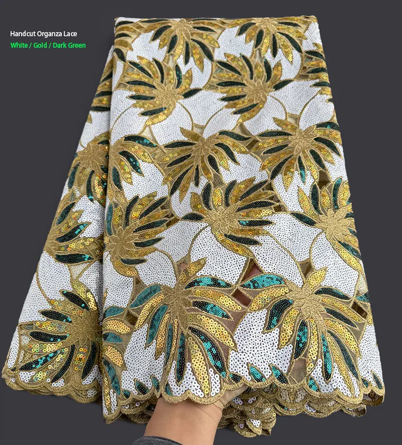 Handcut Organza Lace Hollow Sequined African Sewing Fabric, Embroidery Mesh Voile Cloth, Fashion Lace Fabric
