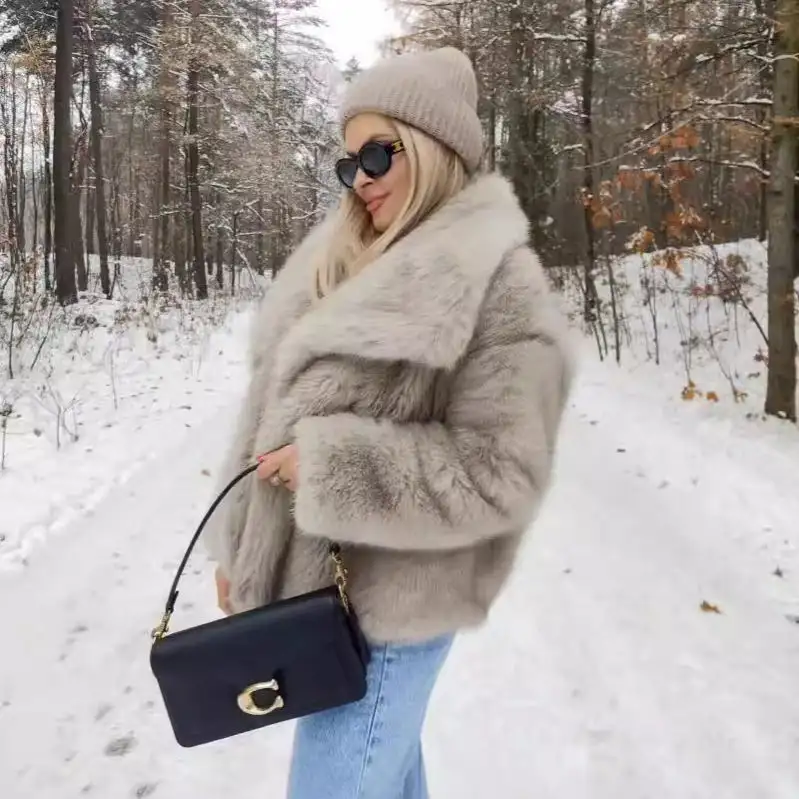 Women's Clothing Faux Fox Fur Coat Short Faux Fur Large Collar Loose Fashion Plus Size Autumn Winter New Fluffy Jacket Warm Tops - Image 8