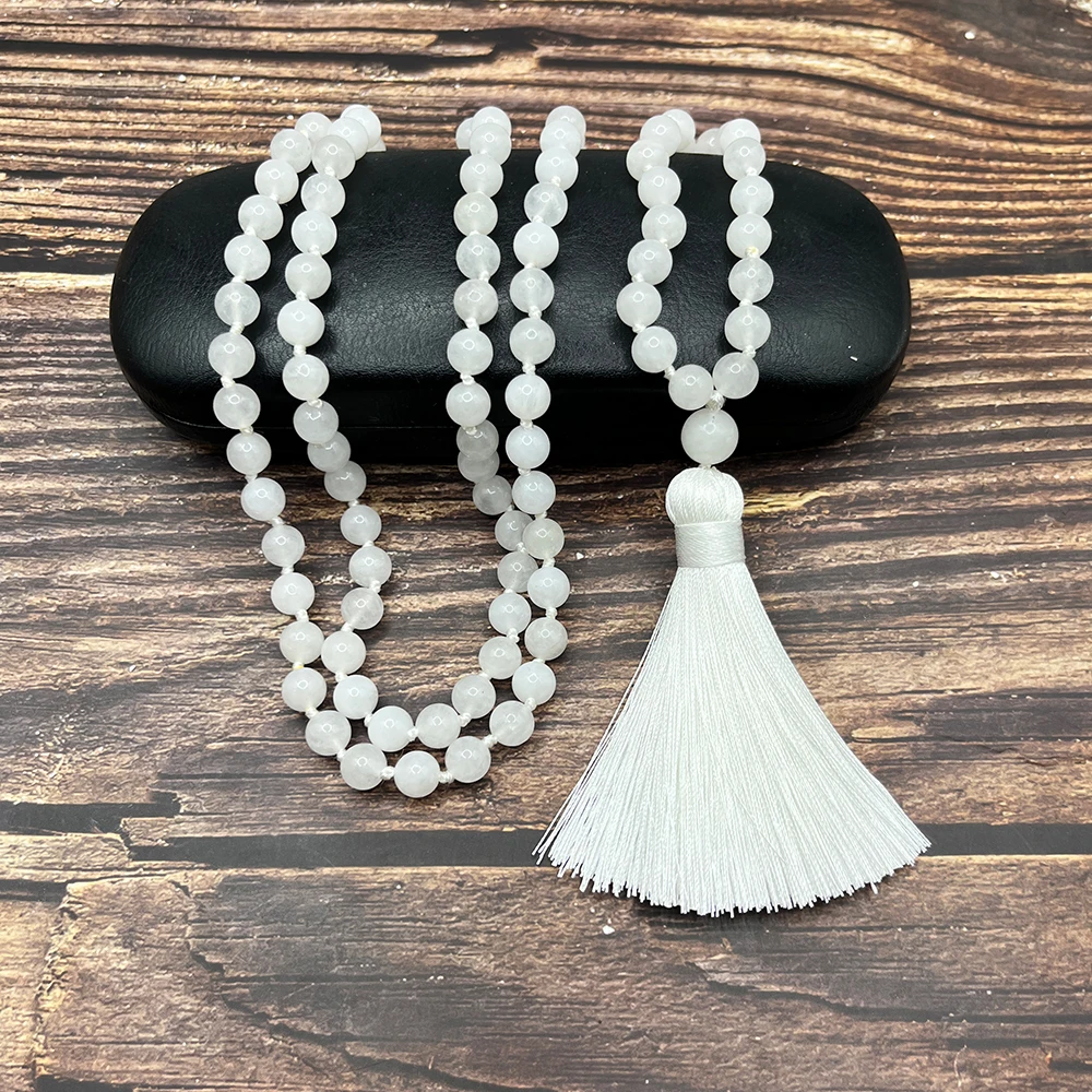 

8mm White Jade Knotted 108 Mala Beads Necklace Meditation Yoga Prayer Jewelry for Men and Women